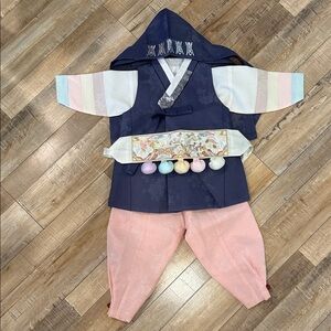 Traditional Blue Boy Hanbok Set with Pastel and Silver Accents